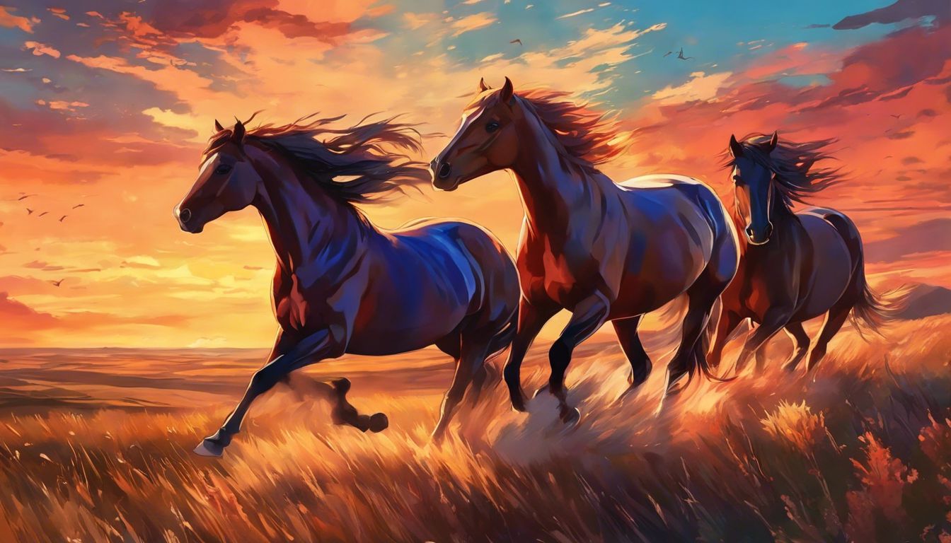 Wild horses running freely in open field at sunset.