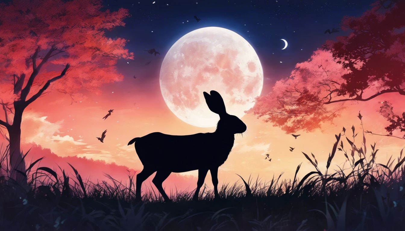 Silhouetted ox and rabbit interact in serene moonlit field.