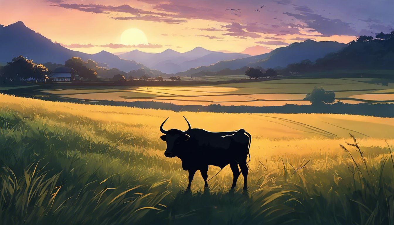 A tranquil ox standing in a serene field at twilight.