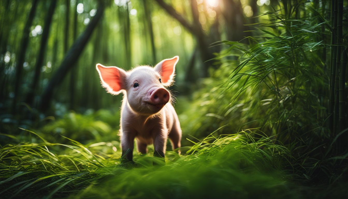 A playful piglet in a bamboo forest with vibrant colors.