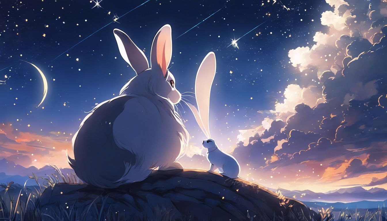 A peaceful rabbit and loyal dog under a starry night sky.