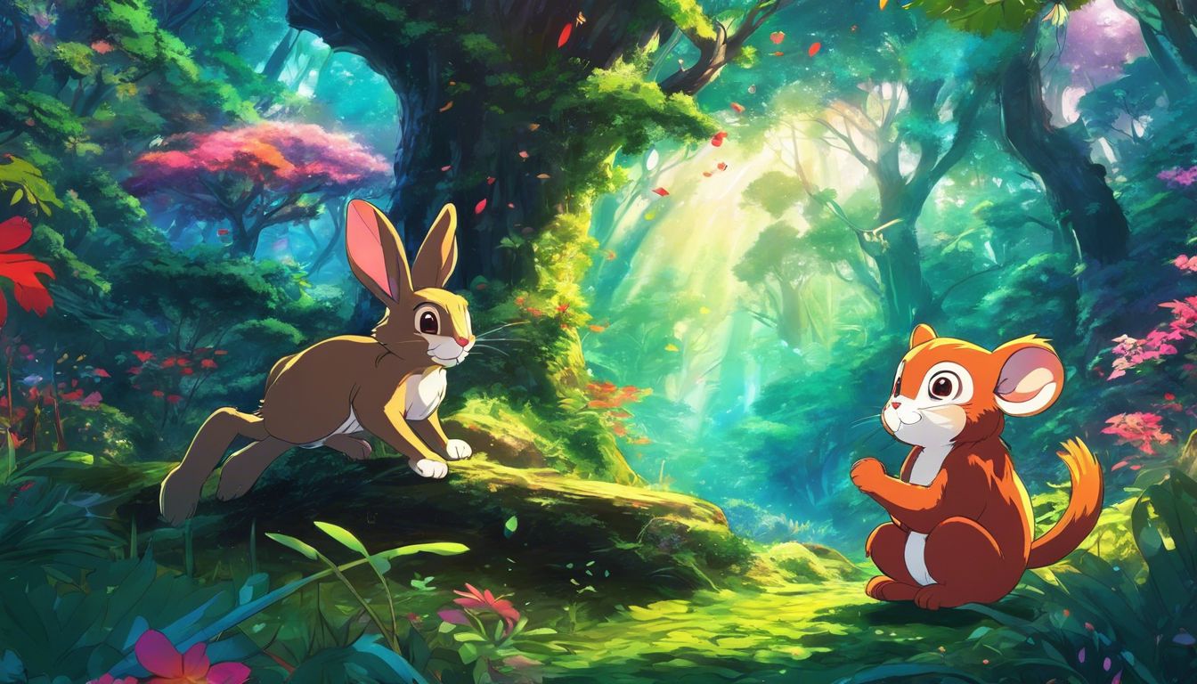 Two animals playing in a magical, vibrant forest setting.