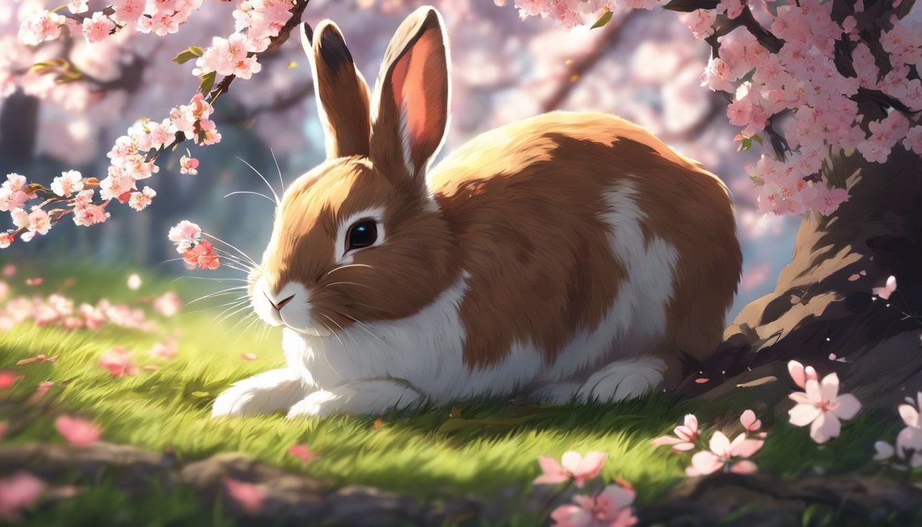 A rabbit peacefully rests among cherry blossoms in a serene scene.