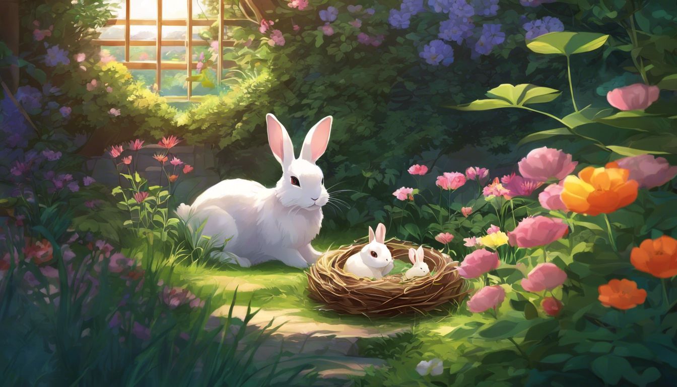 A rabbit nest in a peaceful garden with vibrant flowers.