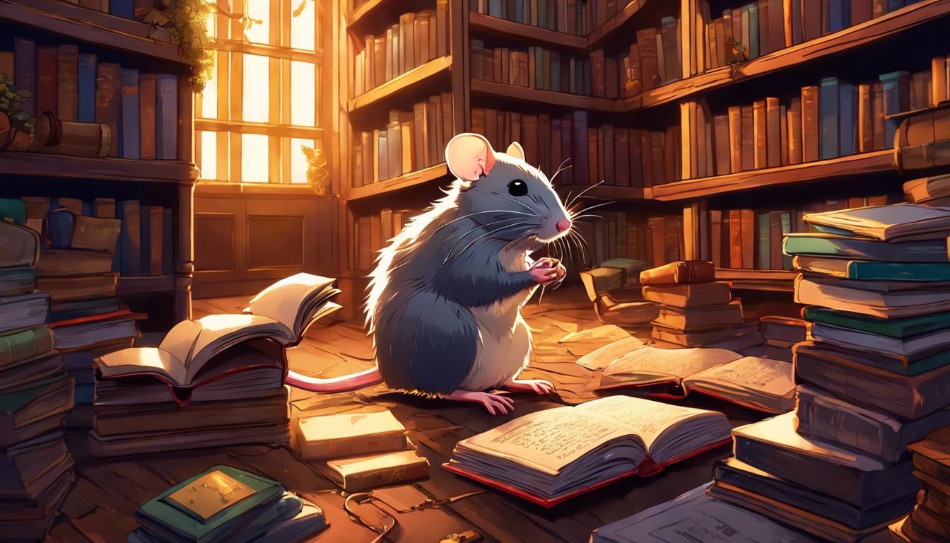 A clever rat exploring a book maze in a cozy library.