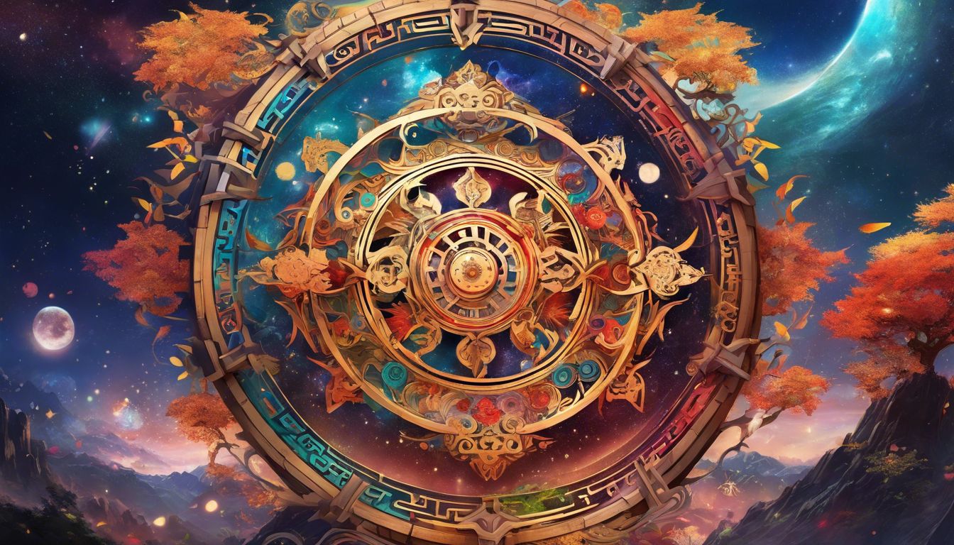 An intricate Chinese zodiac wheel surrounded by cosmic elements.