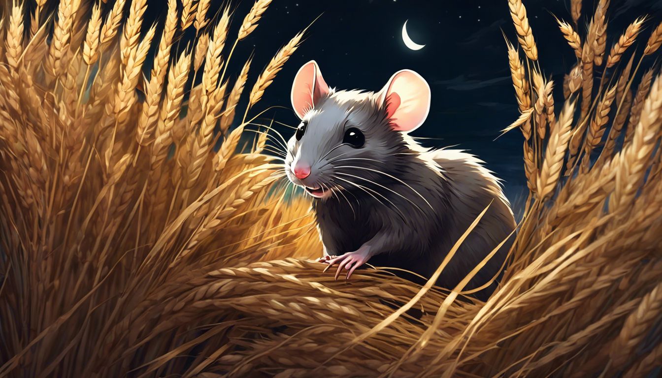 A clever rat peers from a bundle of wheat in the moonlit field.