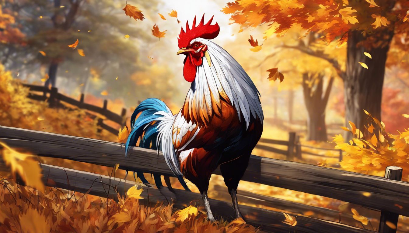 A proud rooster standing on a rustic fence in the autumn.