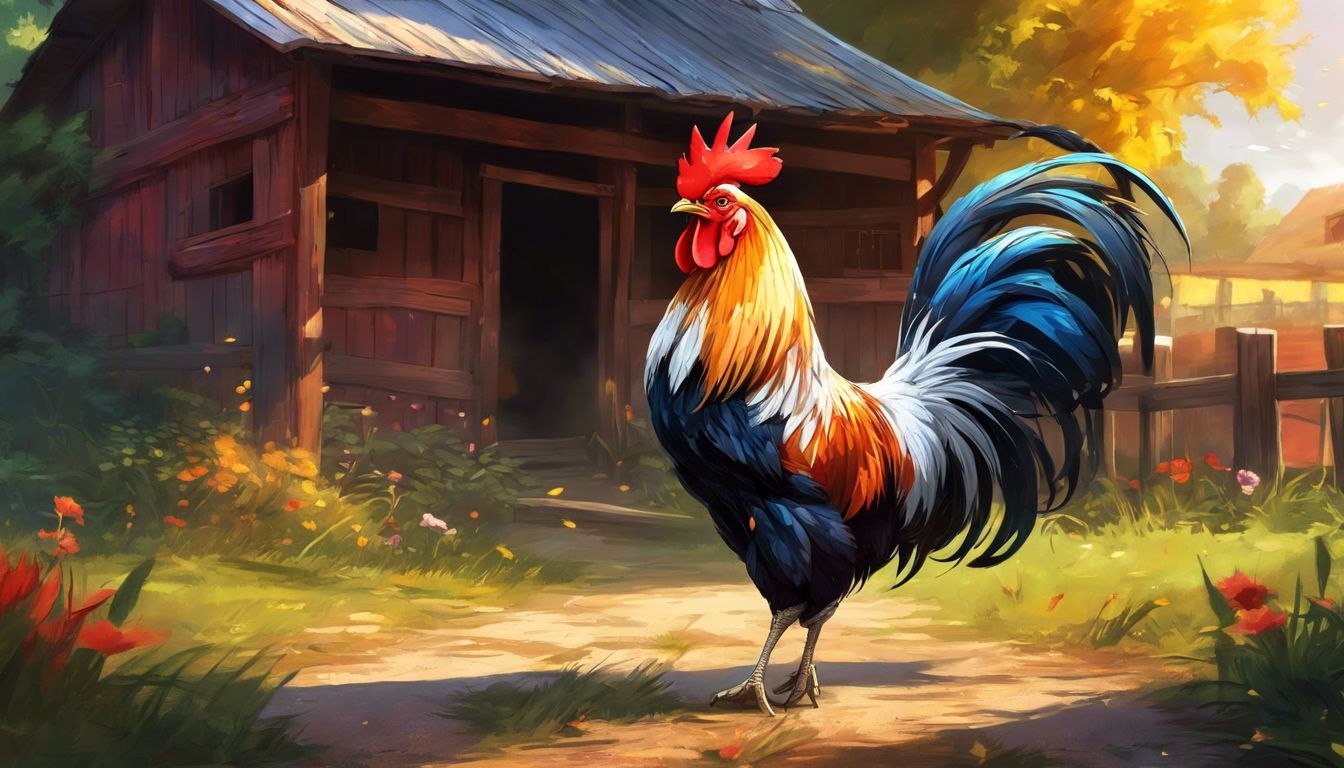 A proud rooster struts through a rustic farmyard in golden sunlight.