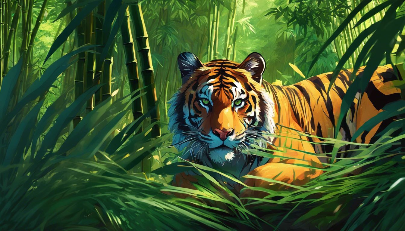 A powerful tiger in a lush bamboo forest, exuding untamed beauty.