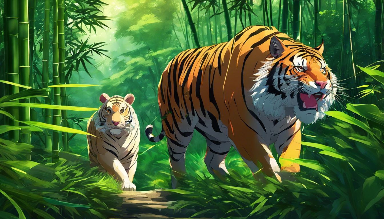 A tiger and a pig coexist peacefully in a lush bamboo forest.