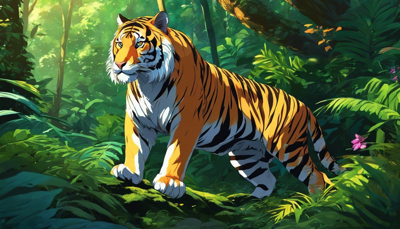 A powerful tiger crouching in a lush forest surrounded by vibrant flora and fauna.