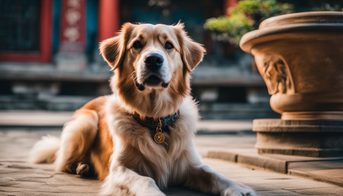 A loyal dog standing in a traditional Chinese courtyard.