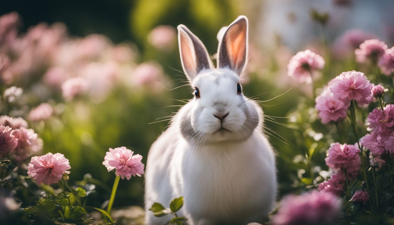 A peaceful rabbit surrounded by blooming flowers in a tranquil garden.