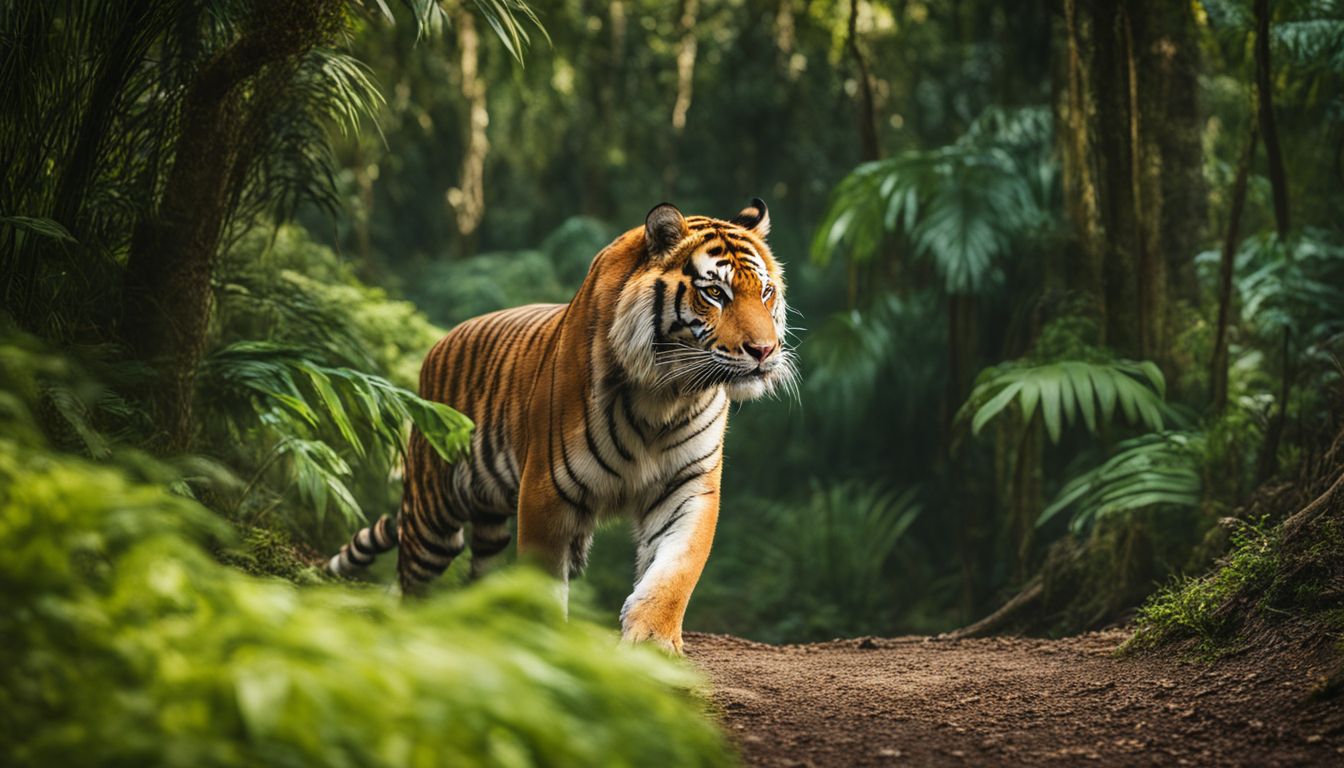 A majestic tiger prowling through a lush jungle in a wildlife photography.