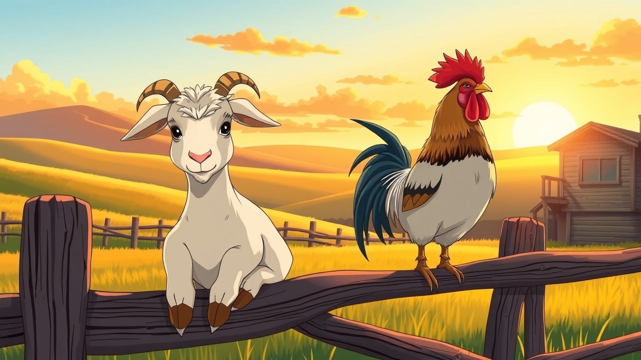 An anime-style image of a goat and rooster sitting on a rustic fence in the countryside.