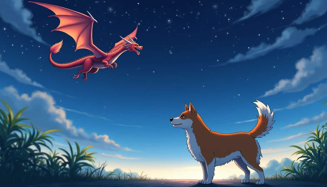 A dragon flies over a watchful dog in a tranquil night sky.