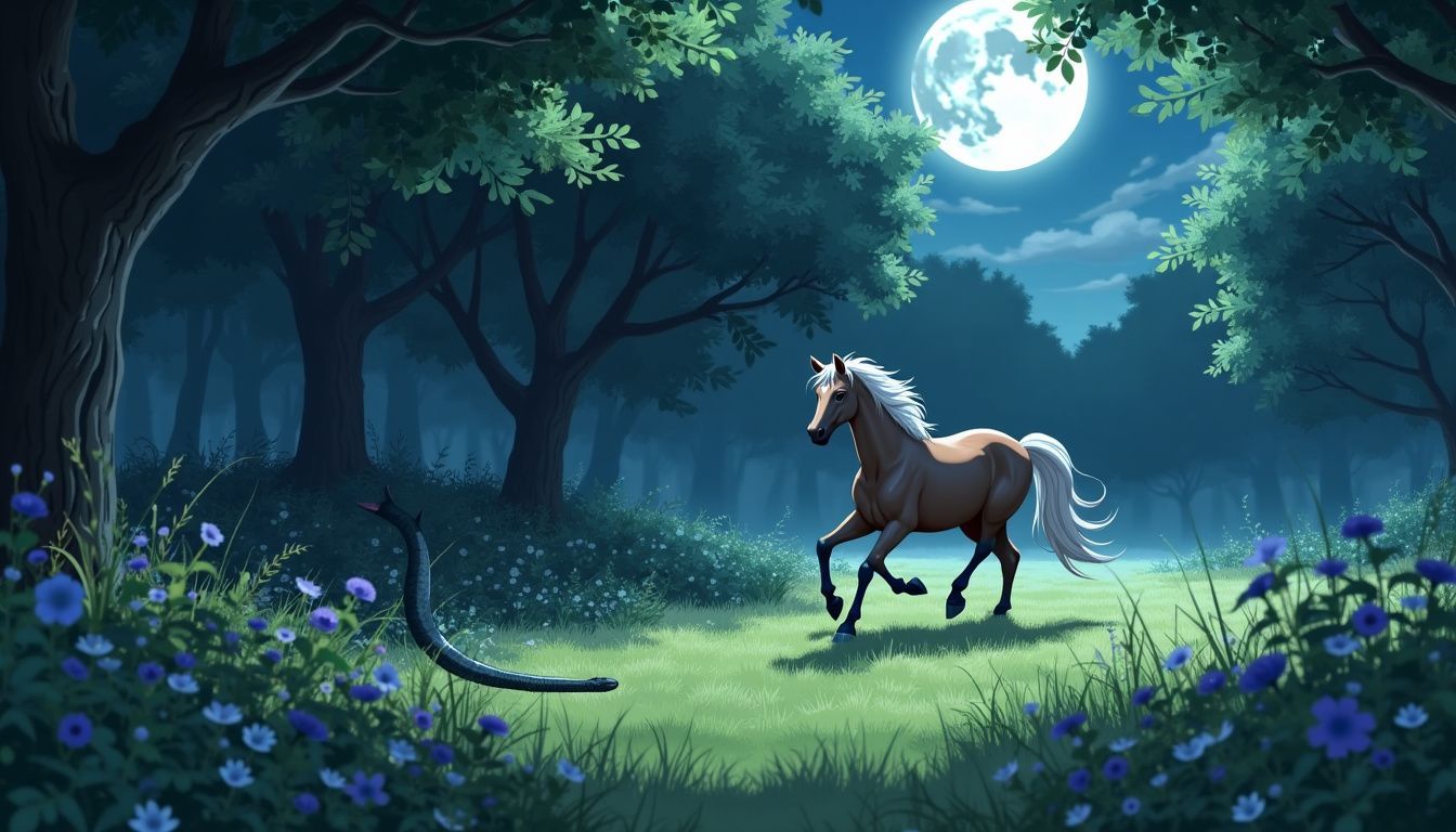 The image depicts a snake and a horse in a moonlit forest.