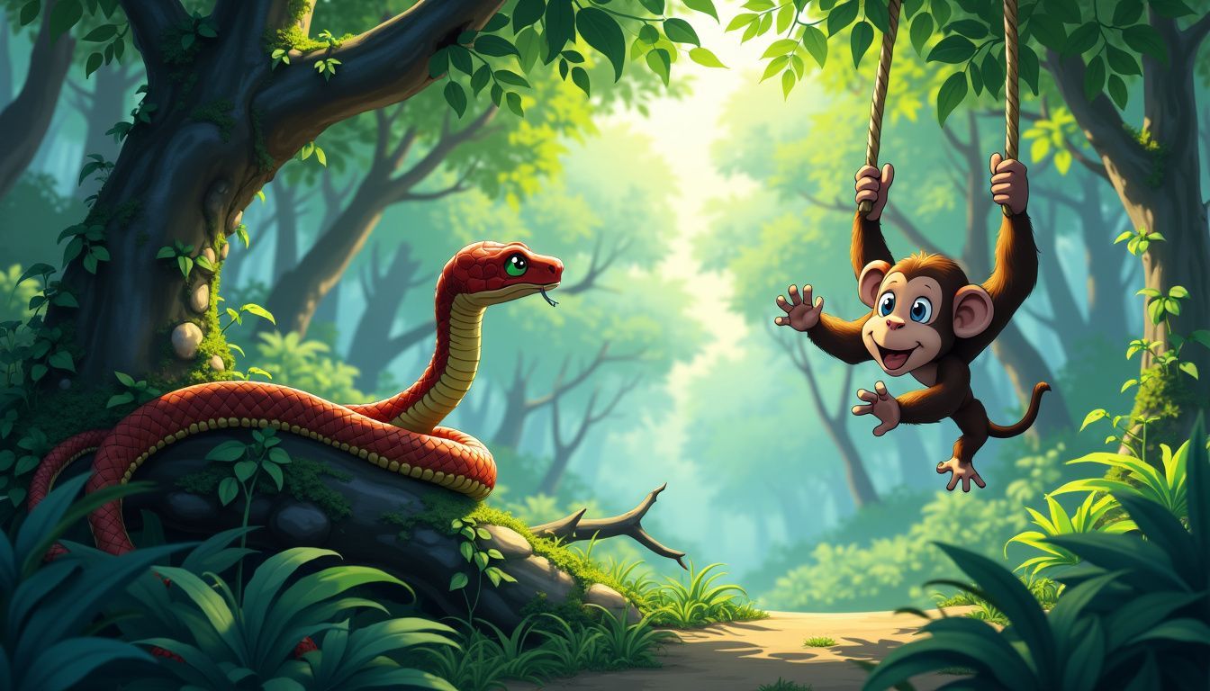 An anime-style image depicting a playful monkey teasing a relaxed snake in a lush jungle.