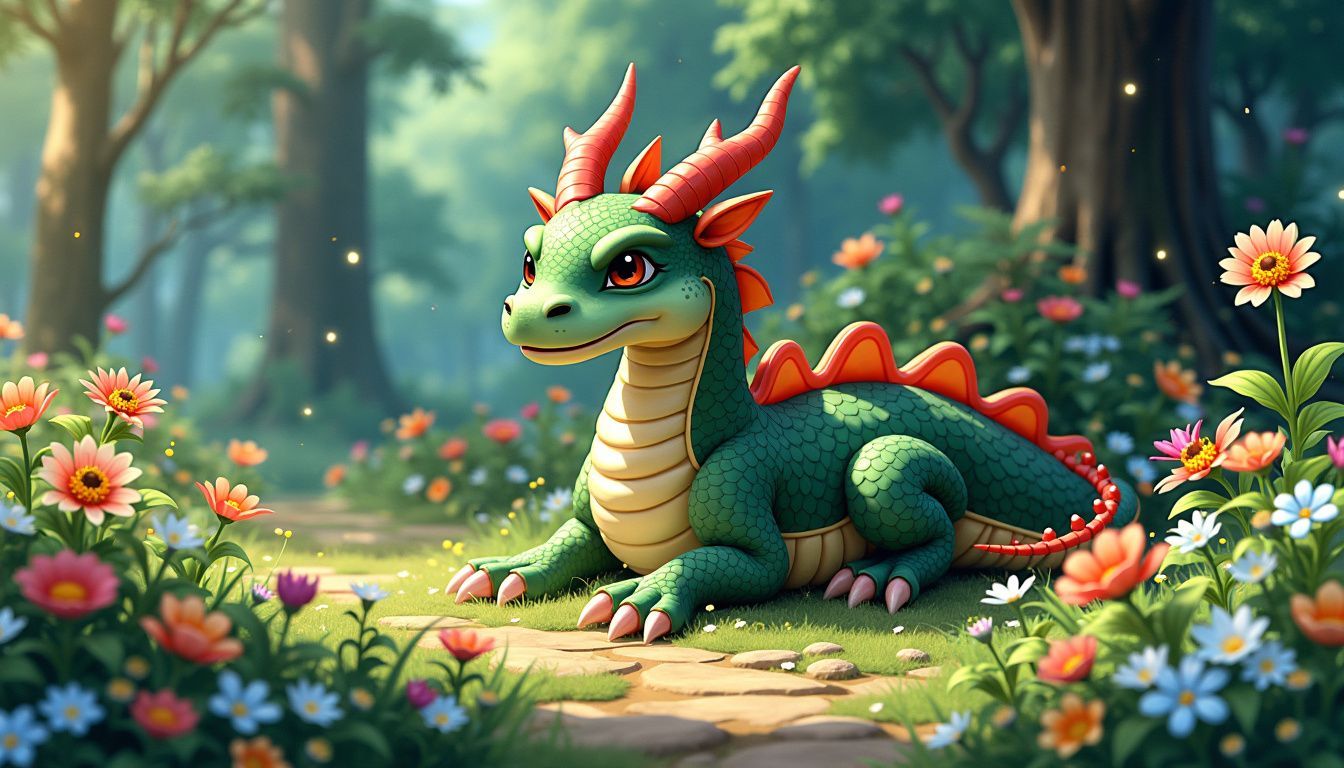 A majestic dragon resting in a colorful forest.