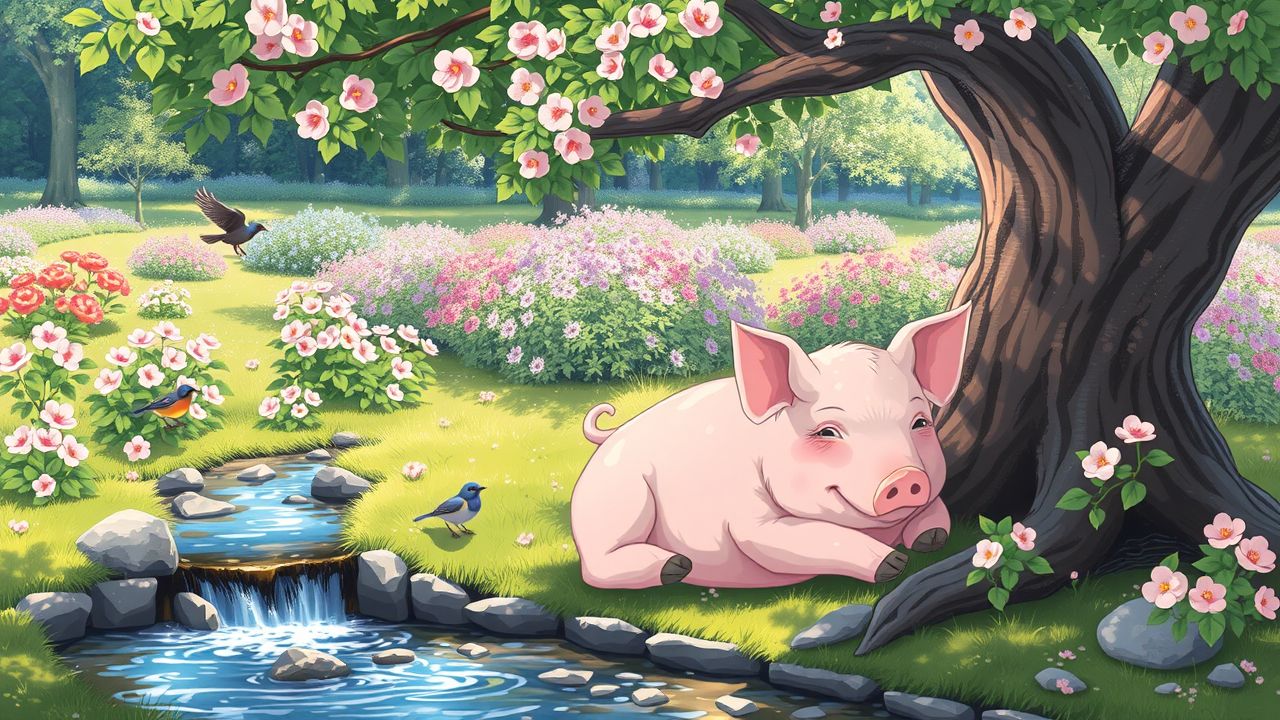 An anime style image of a peaceful, resting pig in nature.