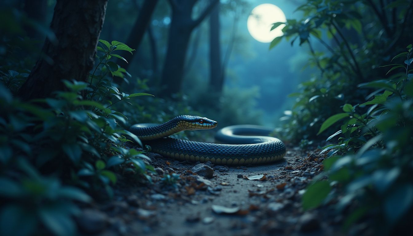 A snake moves through a dimly lit forest at night.