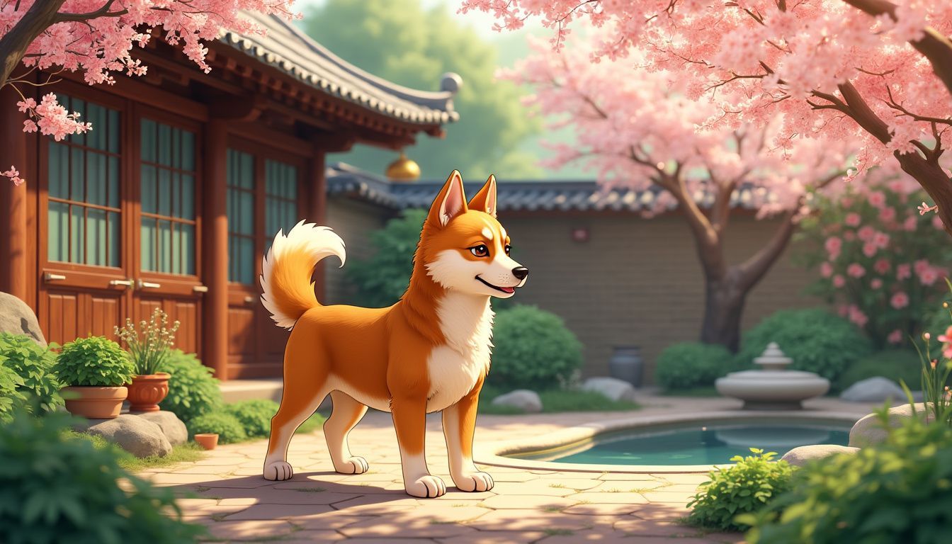 A loyal dog from the Chinese Zodiac stands guard in a peaceful backyard.