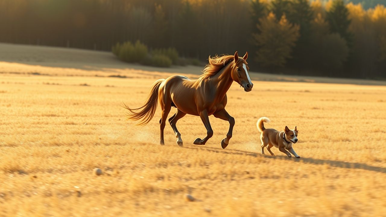 A horse runs through a field with a playful dog.