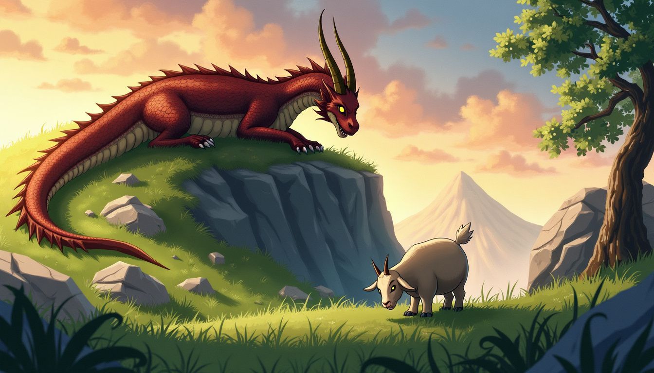 A fierce dragon rests on a rocky cliff while a goat grazes in a meadow.