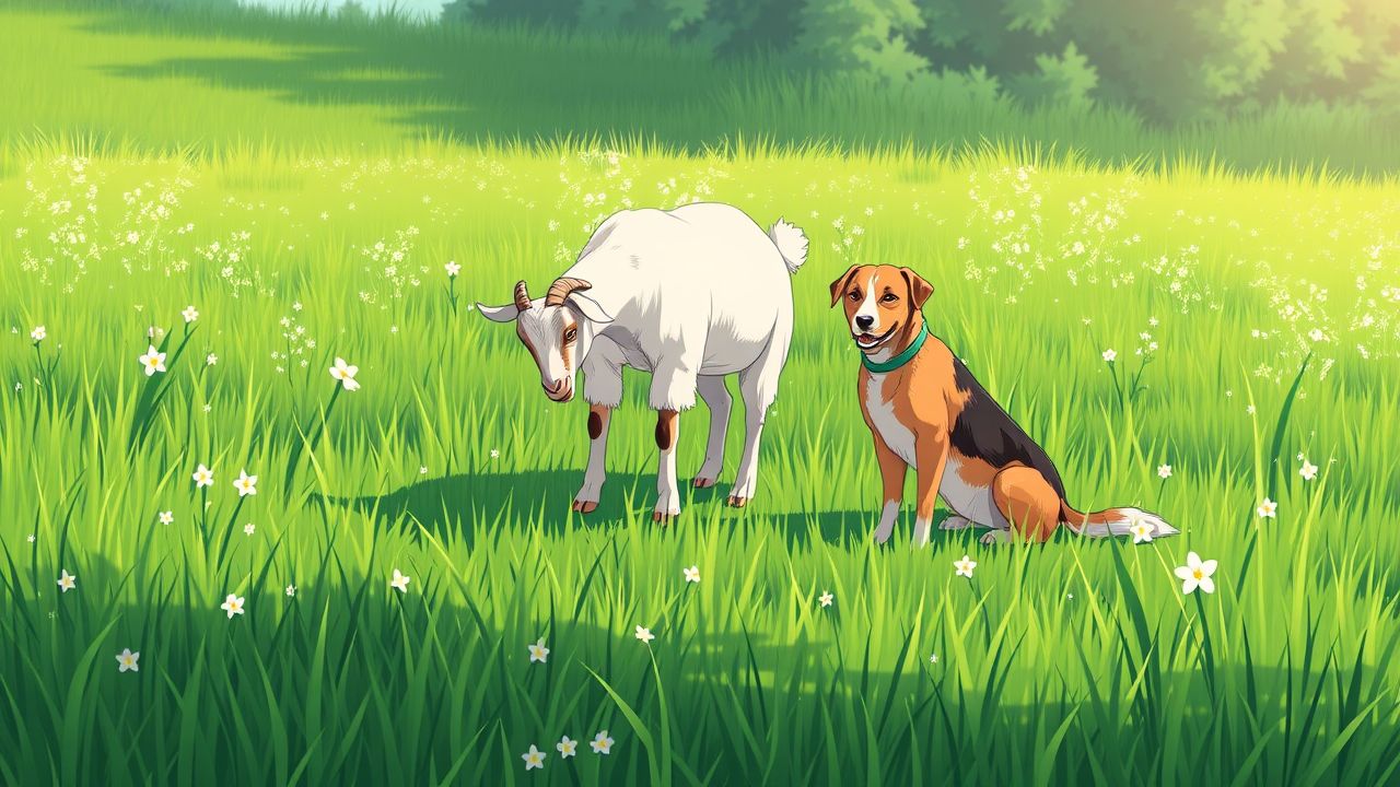 A serene meadow scene with a goat and a loyal dog.