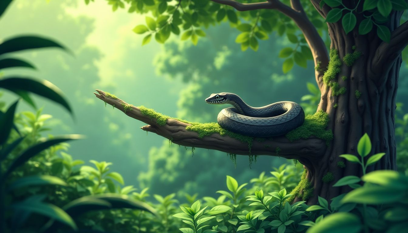 A snake coils on a tree branch in a lush forest.