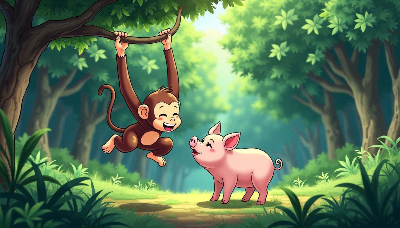 A monkey and pig playfully interact in a lush forest.