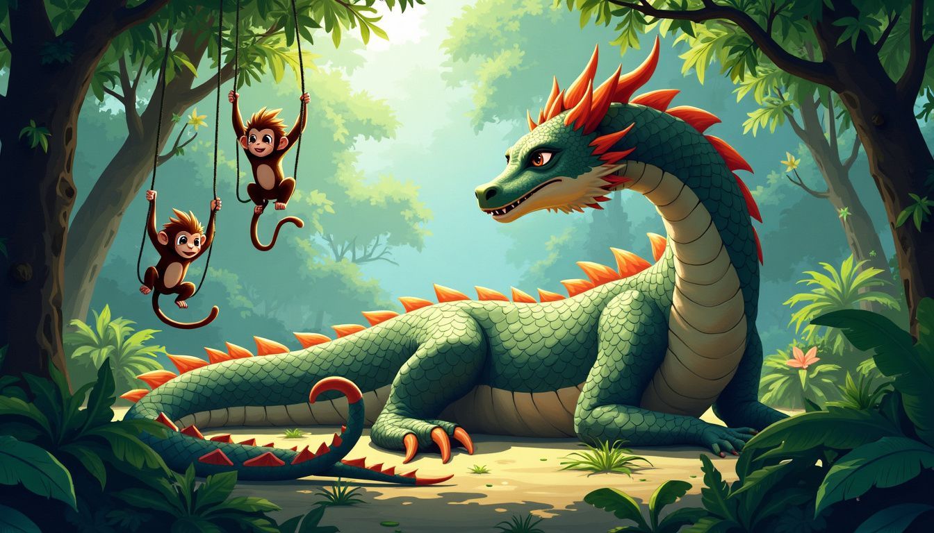 A majestic dragon peacefully coexists with playful monkeys in a jungle.