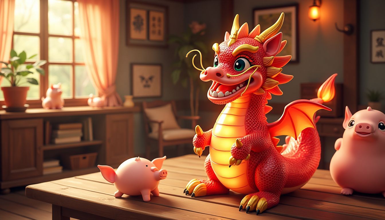 A glowing dragon figurine among pig-themed decor in a cozy living room.