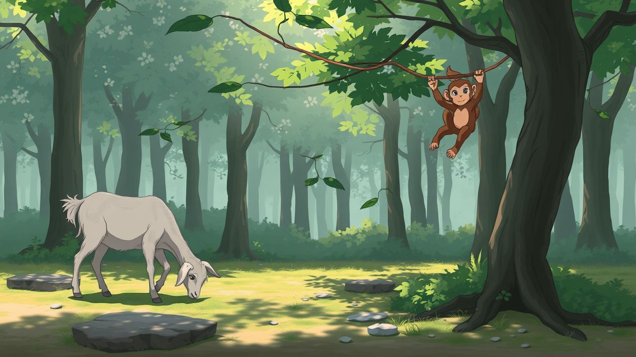 A peaceful forest scene with a grazing goat and playful monkey.