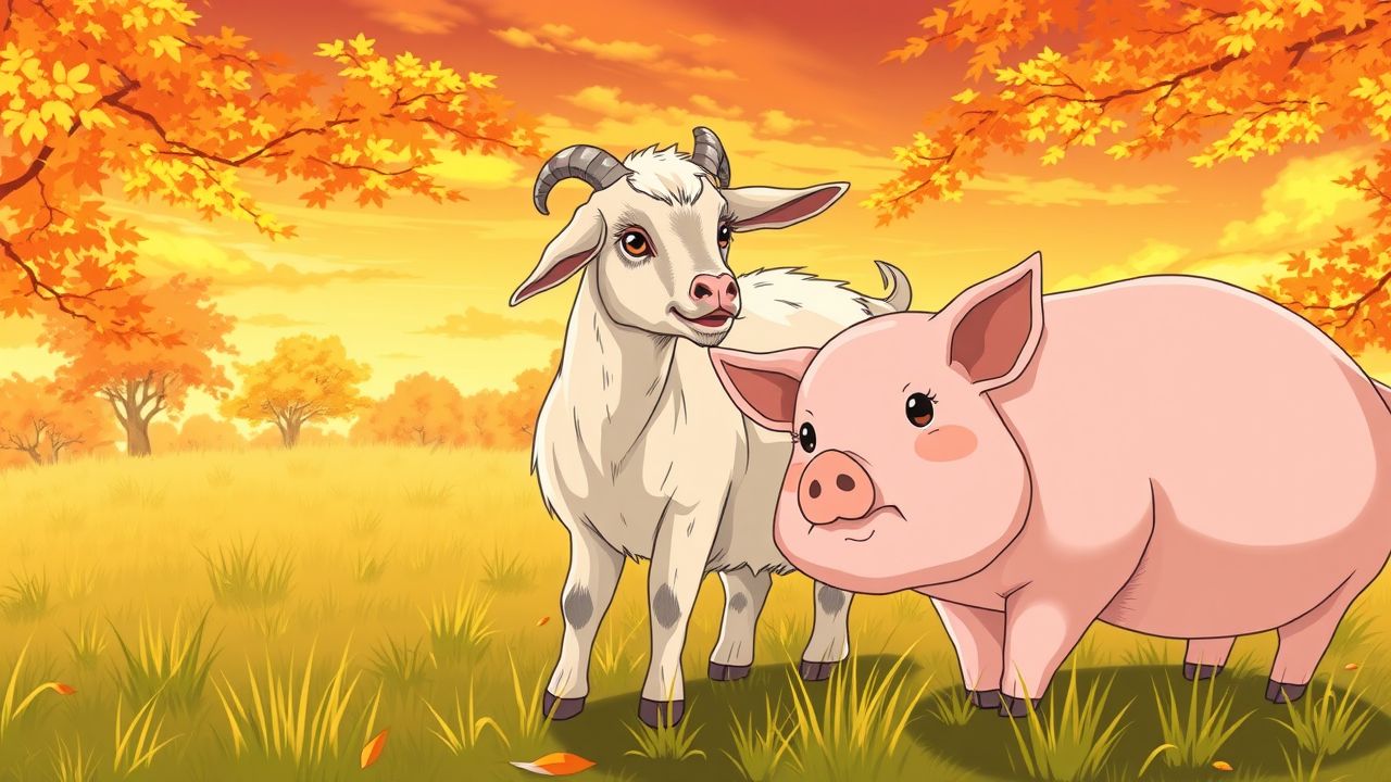 A peaceful anime countryside scene with a grazing goat and relaxed pig.