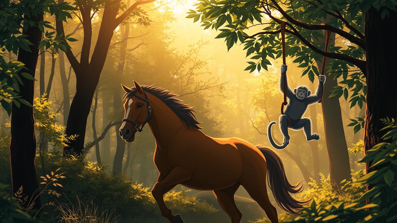 A wild horse and a playful monkey in a dense forest.