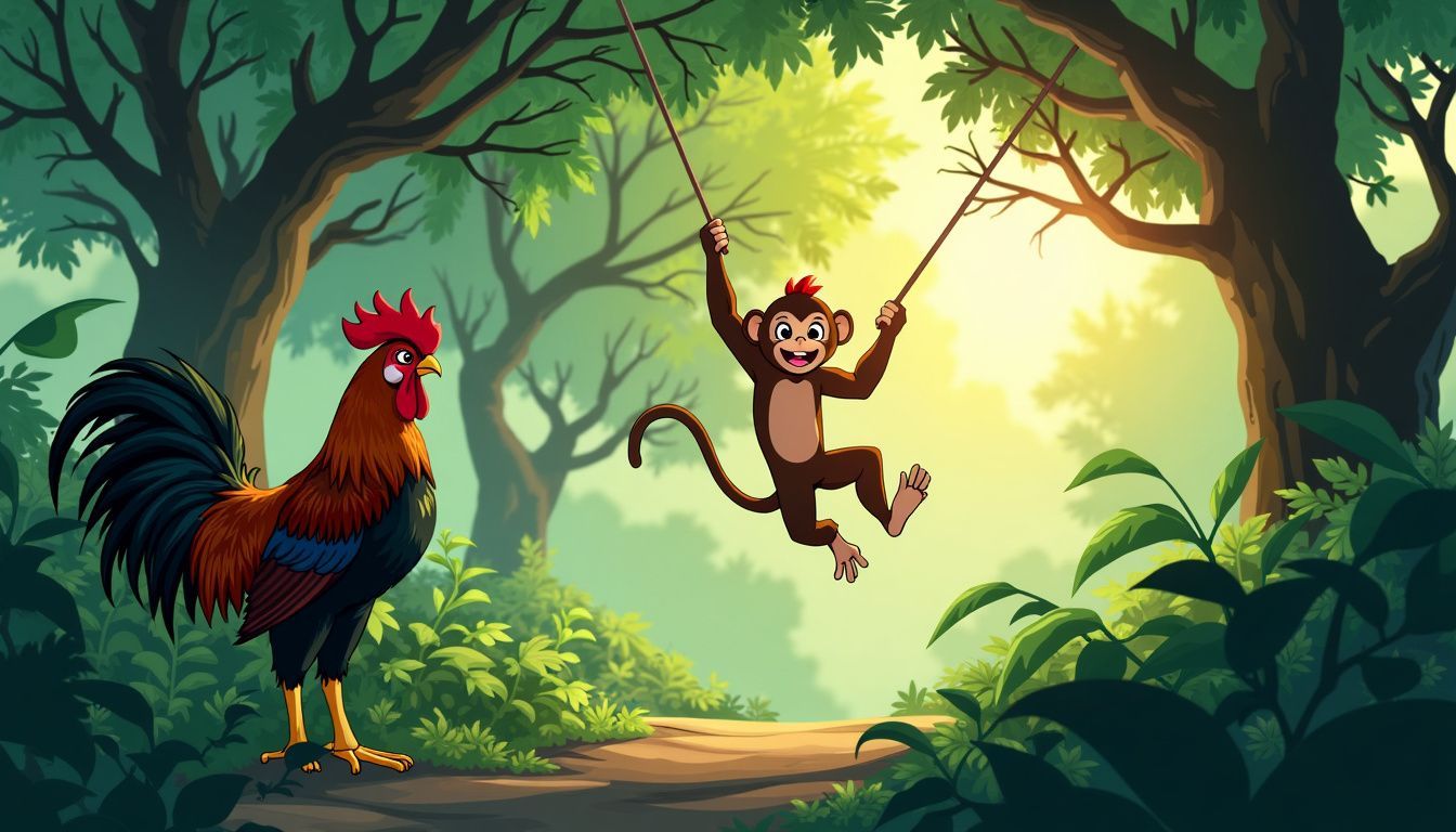 A playful monkey swings in the forest while a proud rooster stands nearby.