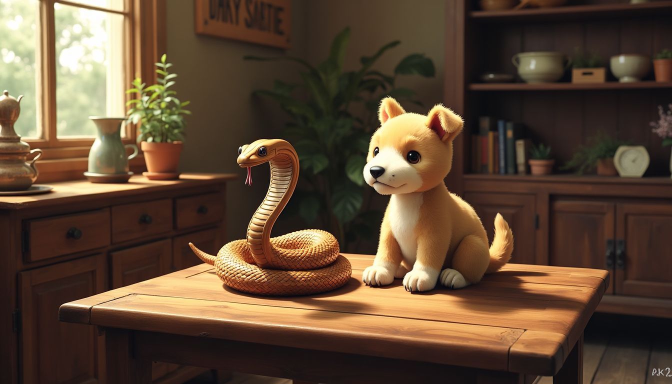 A wooden snake figurine and plush dog toy on a rustic table.