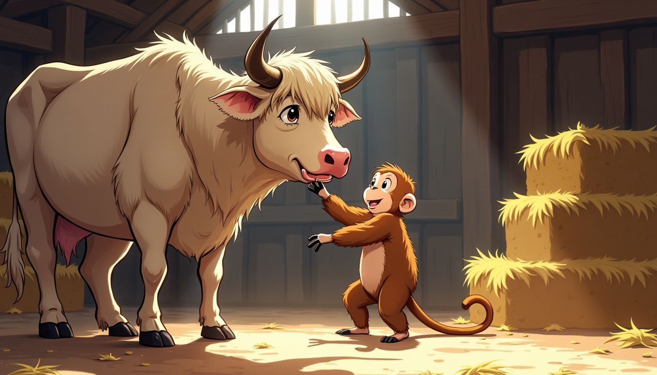 An ox and a monkey playfully interact in a rustic barn.