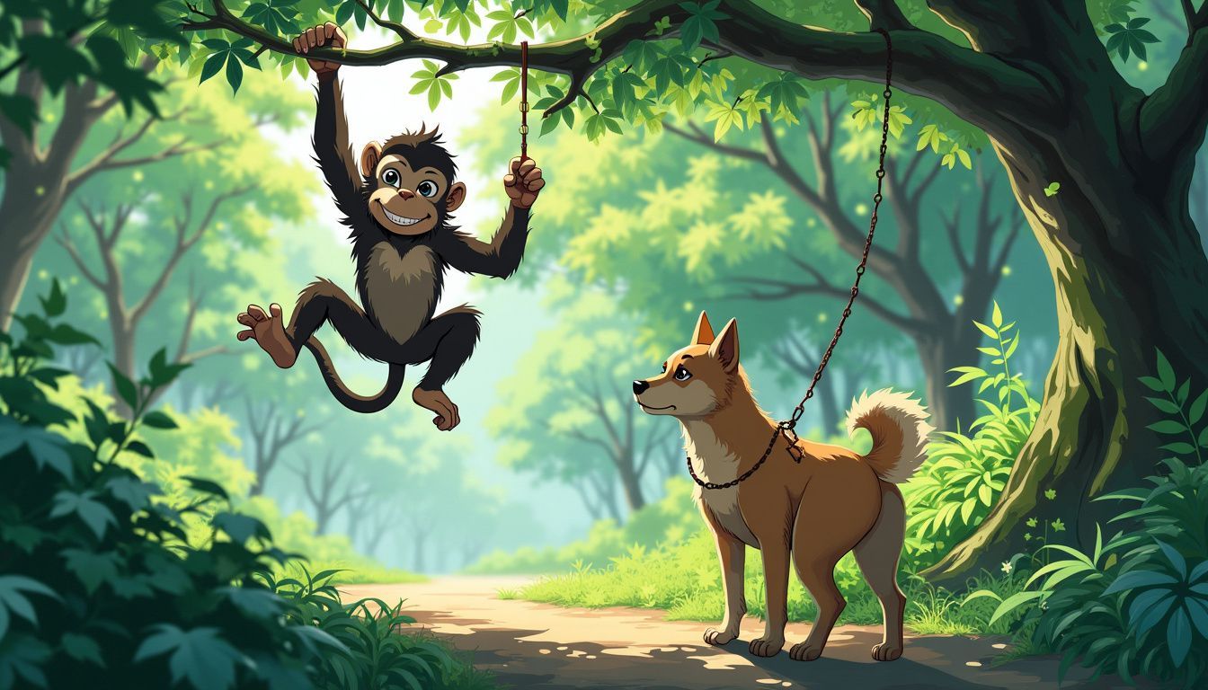 A playful monkey swings in a vibrant jungle, watched by a loyal dog.