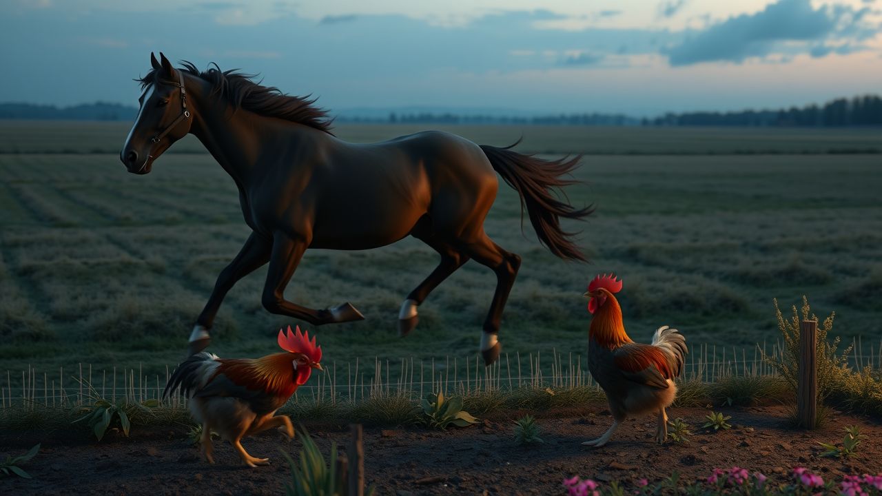 An anime style image of a horse running freely in a field.