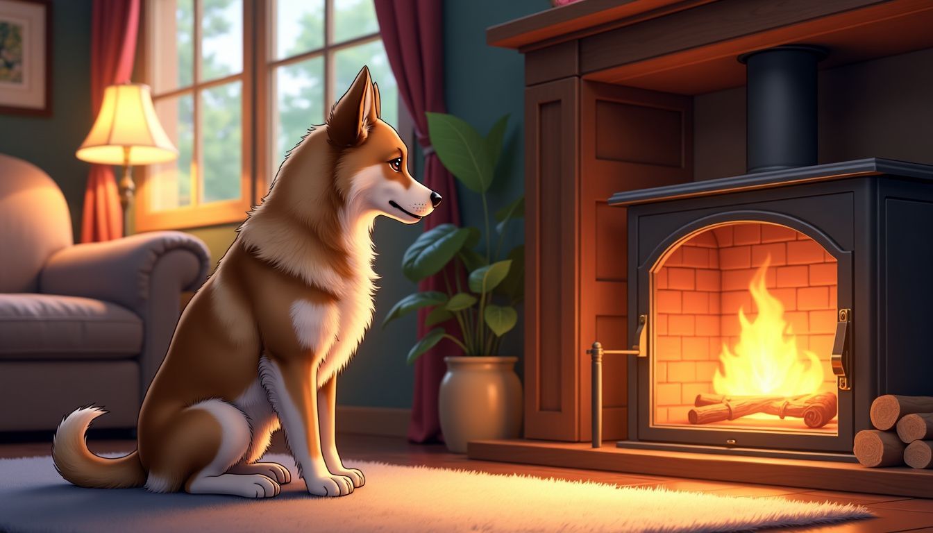 A loyal dog sits by the fireplace in a cozy room.