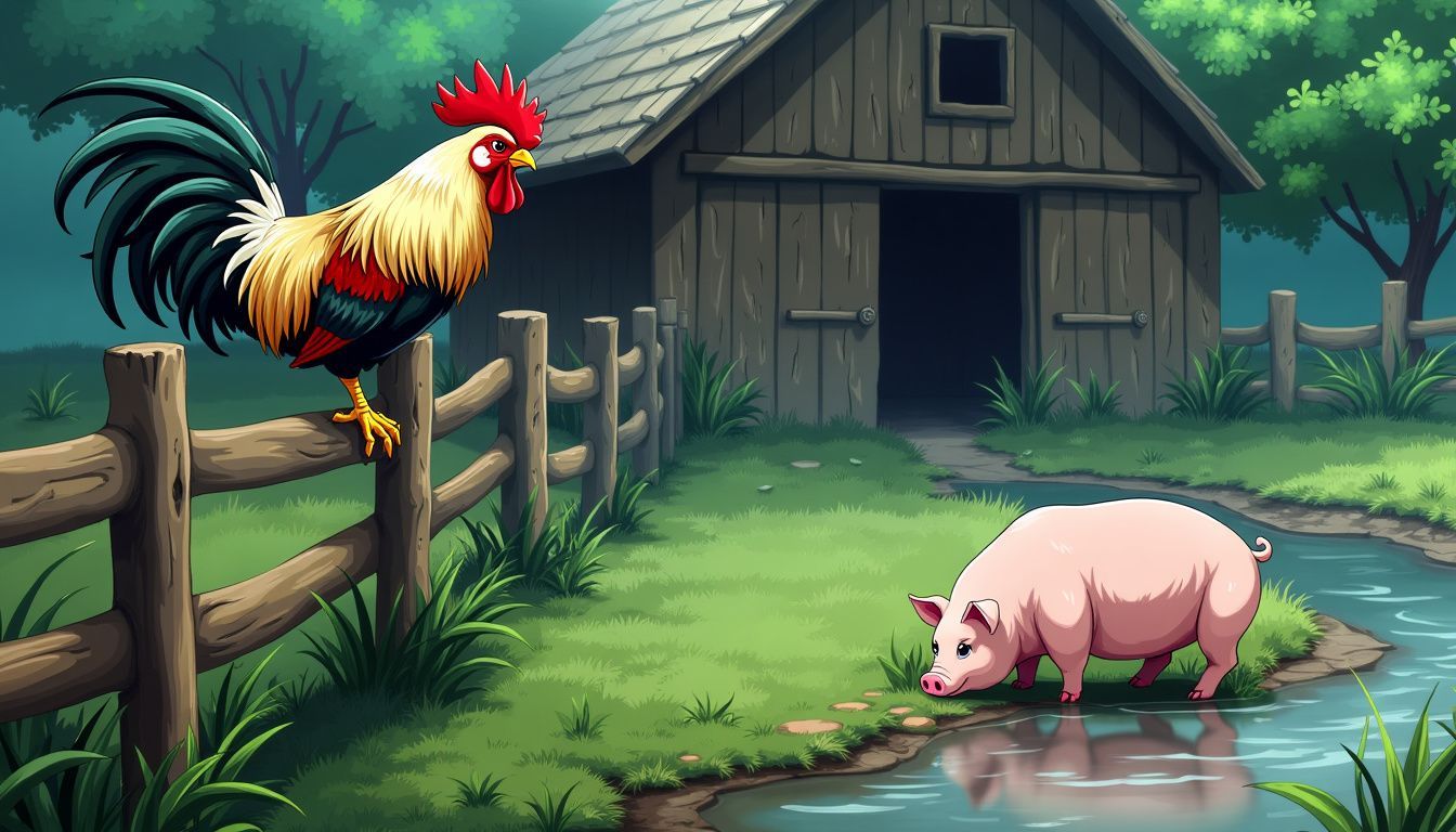 A confident rooster looks down at a gentle pig in a countryside scene.