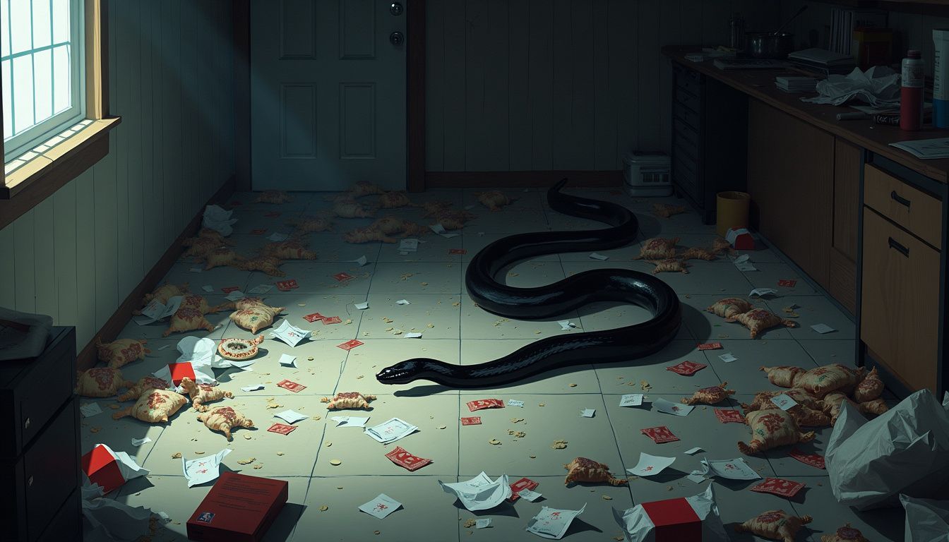 A black snake slithers through cluttered room, evoking unease.