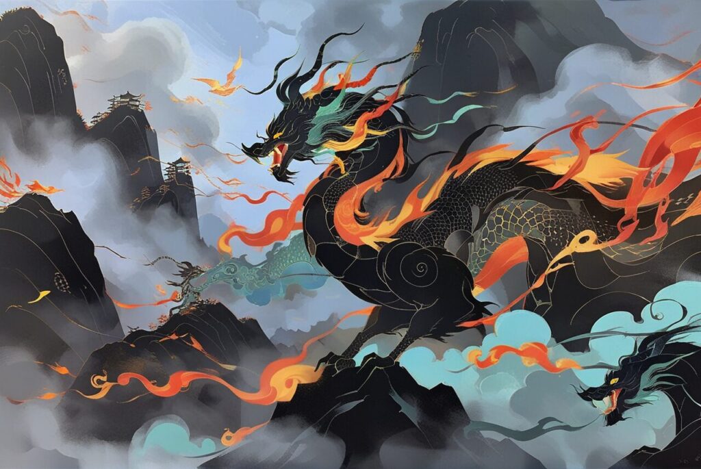 dragon 2025 horoscope flying across mountains with fire