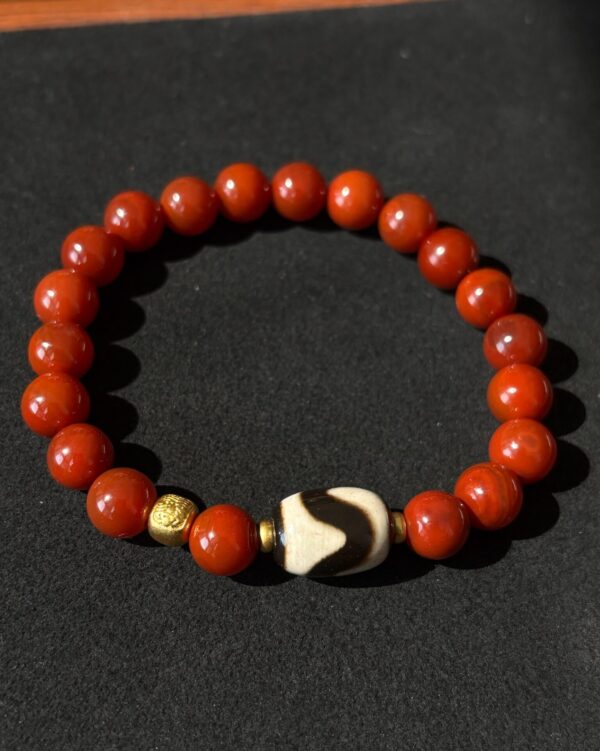 Pray Tai Sui God 2025 Protection Auspicious Light Guardian Bracelet – South Red Agate Tibetan Tiger Eye Dzi Bead Gold Dzambhala Bead full view