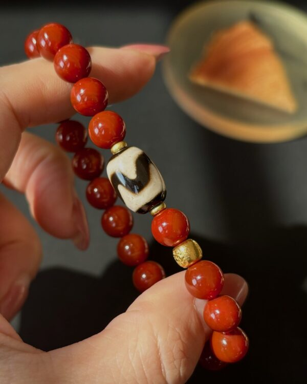 Tai Sui Auspicious Light Guardian Bracelet – South Red Agate Tibetan Tiger Eye Dzi Bead Gold Dzambhala Bead