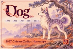2027 Chinese zodiac horoscope forecast year of the Dog, a white mythical dog with violet spots and small golden horns standing beneath a pine and bamboo in an autumn forest
