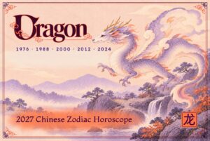 2027 Chinese zodiac horoscope forecast year of the Dragon, a lavender and cream mythical dragon with antlers coiling through clouds above a waterfall and misty river